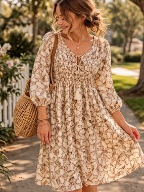 Magnolia South Prairie Dress Bird Print Smocked Cottagecore Boho M